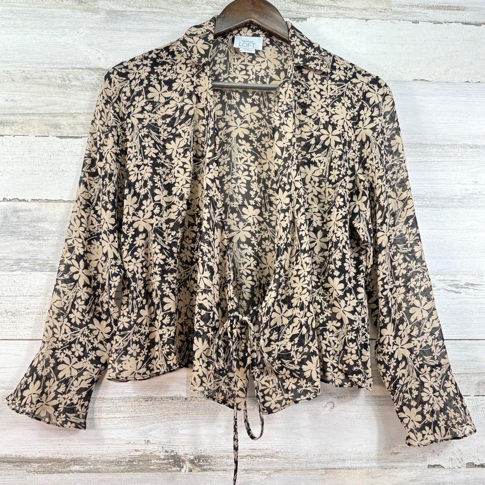Ann Taylor Loft Womens 8P Silk Floral Tie Front Blouse Black Tan Sheer Cropped